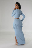 U-neck Tight Fitting short top with high waist and slit Bodycon long skirt autumn and winter two-piece set
