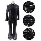 Fashionable and Sexy Casual Slim Turndown Collar Sequin Two Piece Pants set