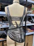 Women's Sexy Lace-Up One-Piece Bodycon Bodysuit  Skirt Two Piece Set