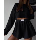 Autumn women's fashionable and simple style slim fit loose pullover top shorts set
