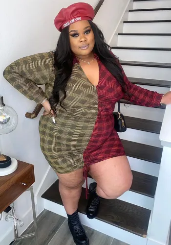 Women's Plus Size Sexy Turndown Collar V-Neck Contrast Color Patchwork Dtrawstring Dress