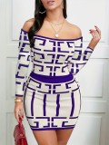 Sexy Geometric Print Casual Long-Sleeved Top And Skirt Two-Piece Set For Women