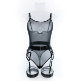 Sexy See-Through Mesh Bodysuit Garter Sexy Lace-Up Patchwork Sexy Three-Piece Lingerie