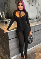 Stand Collar Solid Color Hollow Tight Fitting One-Piece Zippered Long-Sleeved Tight Fitting Jumpsuit Fashionable Fitness Basic Romper