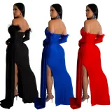 Fashion Women's Solid Color Pleated Low Back Slit Maxi Dress