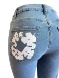 Women's Fashion Stretch Denim Fabric Flower Print Denim Trousers
