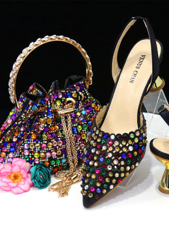 Colorful Rhinestone Bucket Handbag Paired With Pointed Toe Women's Medium Heel Shoes