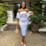 Women's Summer Chic Off Shoulder Puff Sleeve Slim Bodycon Split Dress
