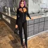 Stand Collar Solid Color Hollow Tight Fitting One-Piece Zippered Long-Sleeved Tight Fitting Jumpsuit Fashionable Fitness Basic Romper