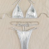 Sexy Silver Two Pieces Triangle Bikini Female Butterfly Chain Diamond Belt Swimsuit