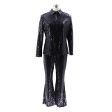 Fashionable and Sexy Casual Slim Turndown Collar Sequin Two Piece Pants set