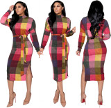 Women's Fashion Positioning Contrast Print Side Slit Slim Dress With Belt