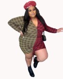 Women's Plus Size Sexy Turndown Collar V-Neck Contrast Color Patchwork Dtrawstring Dress