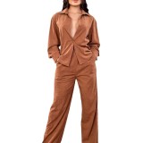 Spring Fashion Loose Long-Sleeved Shirt Elastic Waist Straight Trousers Women's Two Piece Set