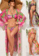 Women's Print Halter Two Pieces Bikini Long Sleeve Cover-Up Three-Piece Lace-Up Swimsuit