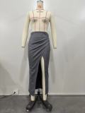 Autumn and winter women's PU high slit irregular skirt