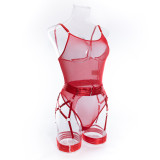 Sexy See-Through Mesh Bodysuit Garter Sexy Lace-Up Patchwork Sexy Three-Piece Lingerie