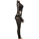 Women's Autumn and Winter mesh Patchwork Beaded See-Through Sexy Tight Fitting Butt Lift Jumpsuit