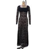 Women's Sexy Trendy Lace Patchwork See-Through Long Sleeve Square Neck Bodycon Long Dress