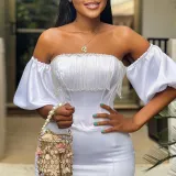 Women's Summer Chic Off Shoulder Puff Sleeve Slim Bodycon Split Dress
