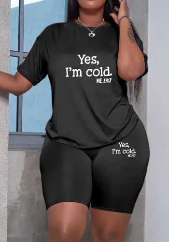 Plus Size Women Casual Letter Printed Short Sleeve Top and Shorts Two-piece Set