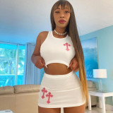 Women Street Style Embroidered Cross Pattern Crop Vest and Mini Skirt Two-piece Set