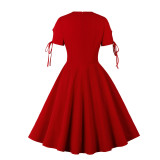Plus Size Women Solid Lace-Up Short Sleeve Dress