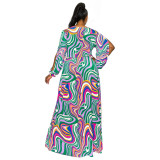 Plus Size Women Printed Long Sleeve Off Shoulder Casual Dress