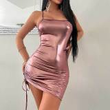 Women's Sexy Glossy Pleated Straps Tight Fitting Bodycon Dress