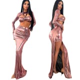 Women Solid Long Sleeve Sexy Top and Slit Long Skirt Two Piece Set