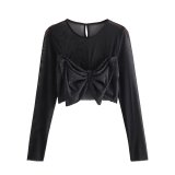 Spring Bow Patchwork Knitting Top Sexy See-Through Short T-Shirt