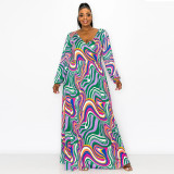Plus Size Women Printed Long Sleeve Off Shoulder Casual Dress