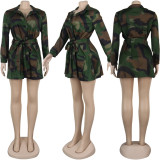 Women Turndown Collar Lace-Up Camouflage dress