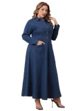 Plus Size Women Women Denim Turndown Collar Long Sleeve Dress