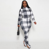 Plus Size Women Printed Long Sleeve Casual Bell Bottom Slit Jumpsuit