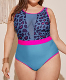 Plus Size Women One-Piece Sexy See-Through Leopard Color Block Bikini Swimwear