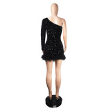 Fall/Winter Slash Shoulder Long Sleeve Sequin Feather Bodycon Party Dress