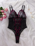 Women Flower Embroidery Patchwork Mesh Sexy V Neck Hollow Backless Jumpsuit Sexy Lingerie