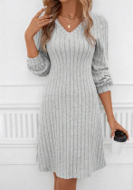 Women Elegant Solid Long Sleeve V Neck Basic Sweater Dress