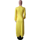 Women's Spring And Winter Round Neck Polka Dot Long Sleeve High Slit Midi Dress