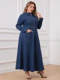 Plus Size Women Women Denim Turndown Collar Long Sleeve Dress