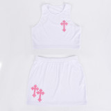 Women Street Style Embroidered Cross Pattern Crop Vest and Mini Skirt Two-piece Set