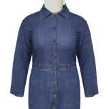Plus Size Women Women Denim Turndown Collar Long Sleeve Dress
