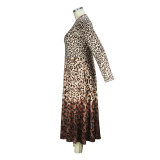 Plus Size Women Leopard Print Elegant Long Sleeve Round Neck Maxi Dress