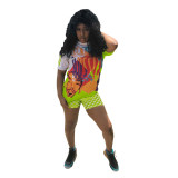 Women Street Printed Sports Short Sleeves Top and Shorts Casual Two-piece Set