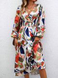 Women Elegant Multi-Color V neck long sleeve Maxi dress