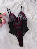 Women Flower Embroidery Patchwork Mesh Sexy V Neck Hollow Backless Jumpsuit Sexy Lingerie