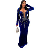 Women Sexy Party Long Sleeve Beaded Fishtail Dress