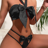 Women big bow tied sexy hollow one-piece sexy lingerie two-piece set