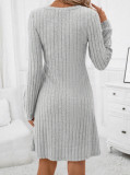 Women Elegant Solid Long Sleeve V Neck Basic Sweater Dress
